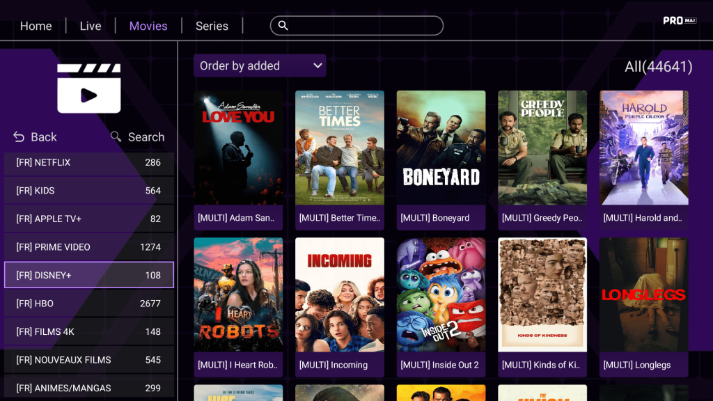Différentes fonctionnalités de l'application PROMAX 4 Premium Luxe IPTV Abonnement IPTV